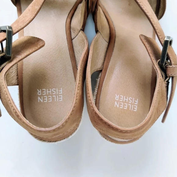 EILEEN FISHER Beckon Sandals 9.5 Leather Tan Espadrille Wedge - Picture 8 of 11